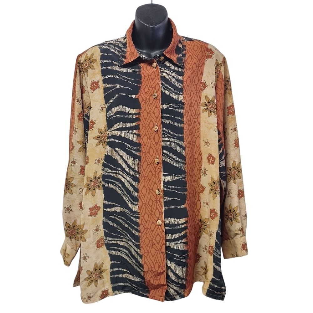 Vtg Liz Baker Womens Sz 1X Button Down Shirt Zebra Floral Animal Print Geometric